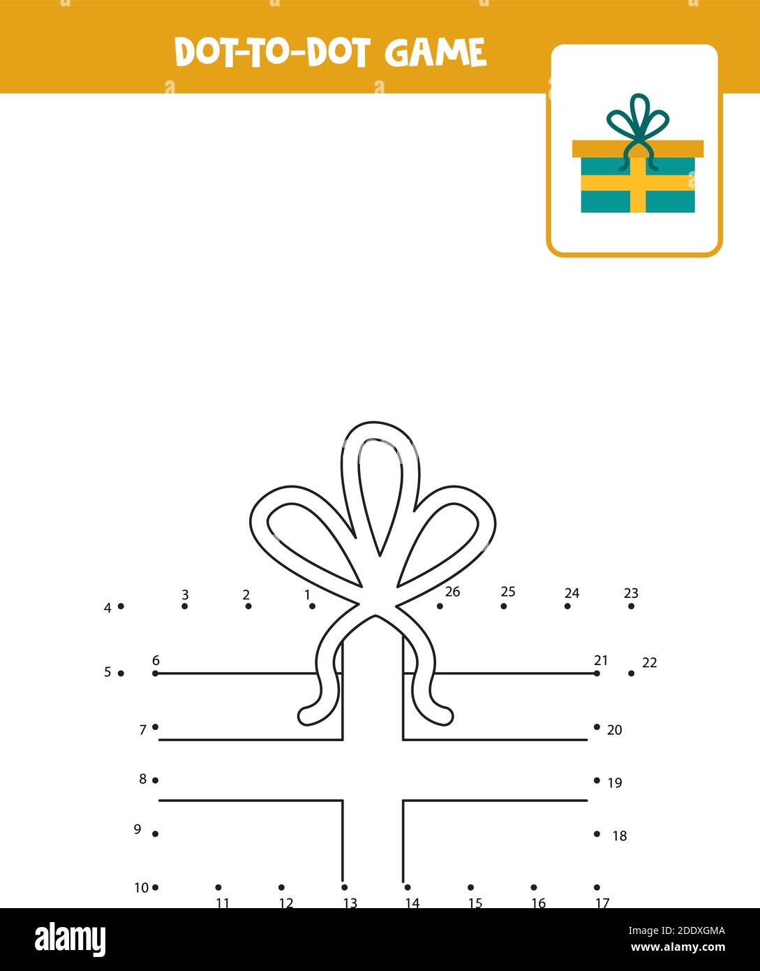 Connectez le jeu de points avec le cadeau de Noël. Feuille de travail pédagogique. Illustration de Vecteur