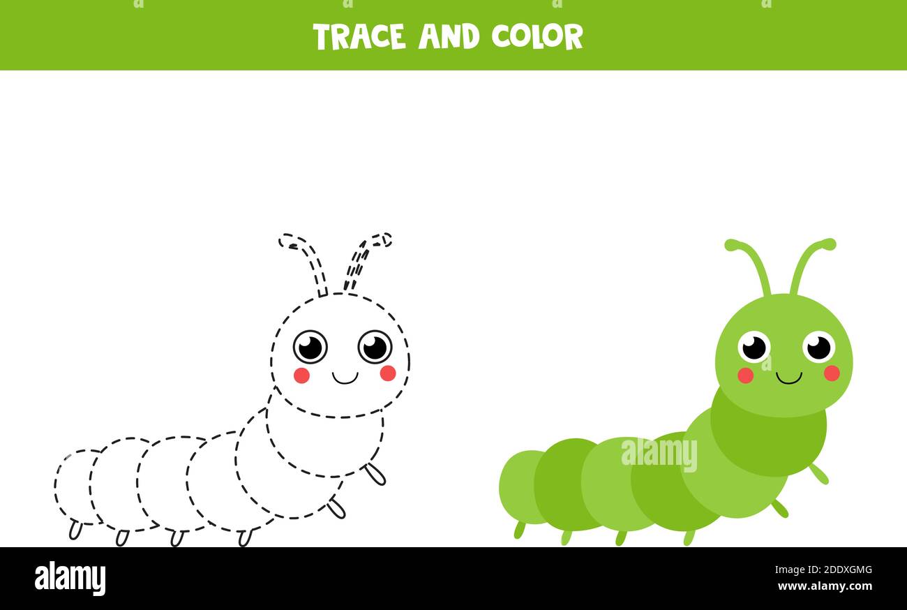 Trace et couleur Cute caterpillar. Jeu éducatif pour les enfants. Pratique de l'écriture manuscrite. Illustration de Vecteur