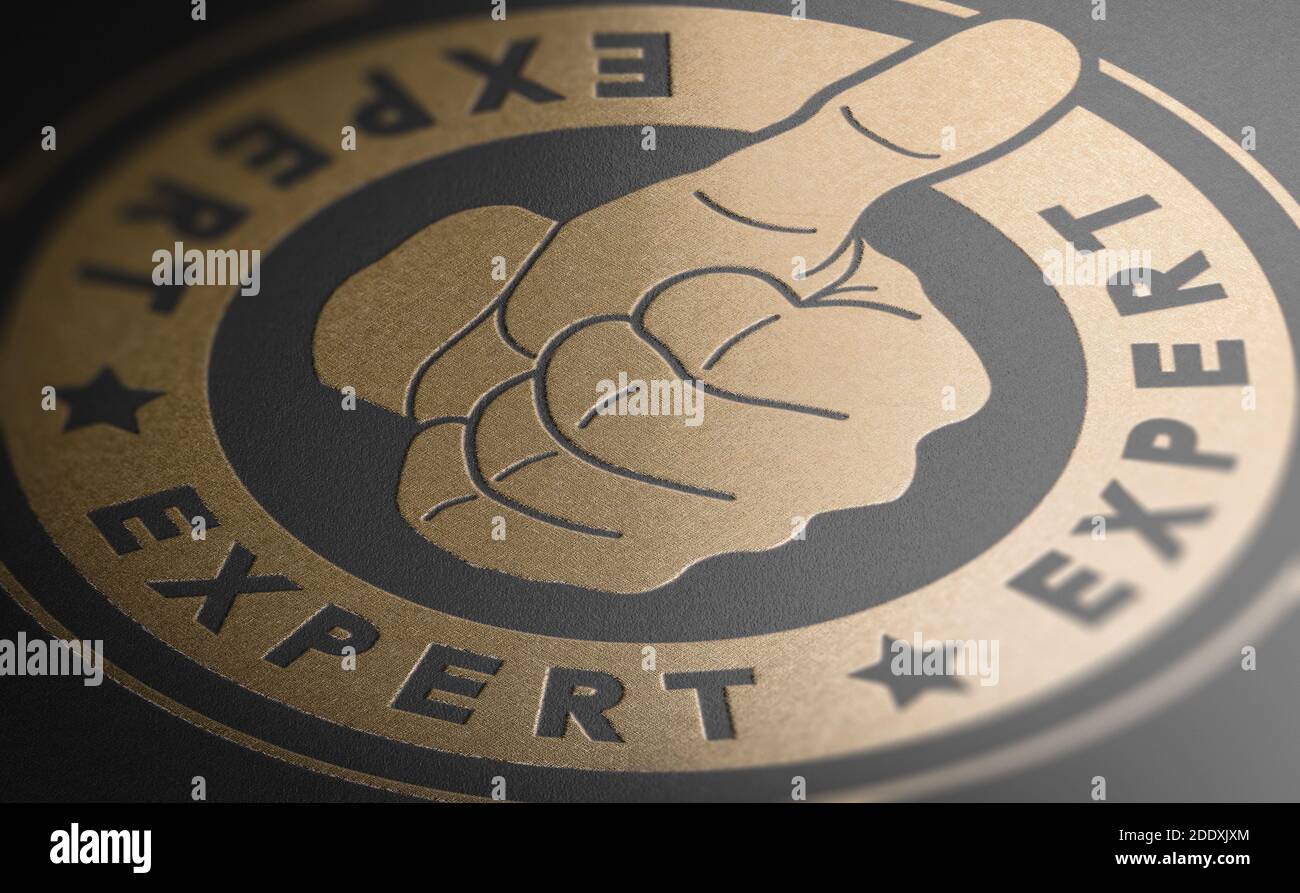 Timbre d'or avec le mot expert et une main avec le pouce vers le haut sur fond noir. illustration 3d. Banque D'Images