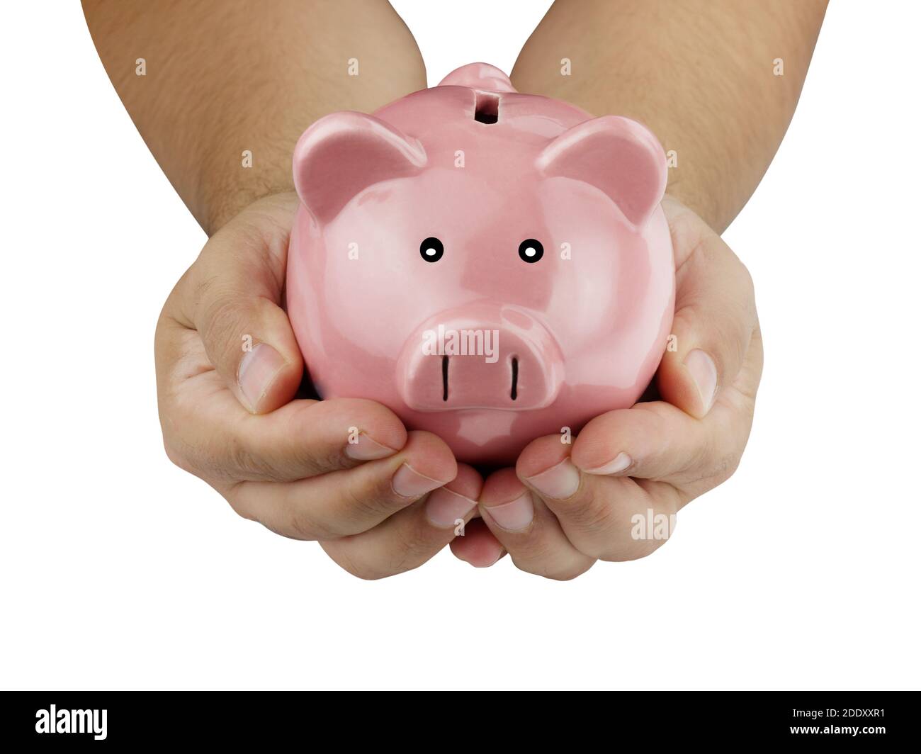 main tenant le concept de financement d'investissement d'épargne-retraite de piggybank isolé Banque D'Images