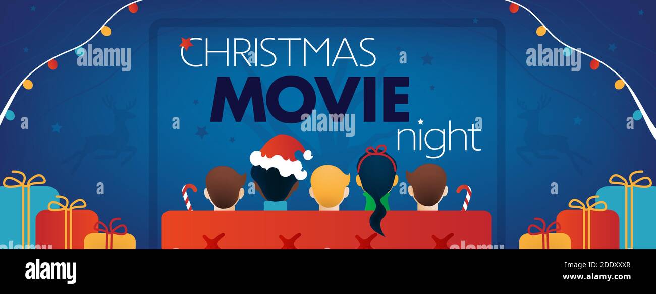 Couverture Facebook Christmas Movie Night, Fête TV pour enfants. Enfants, cadeaux, canapé, écran, renne sur fond bleu. Illustration de Vecteur
