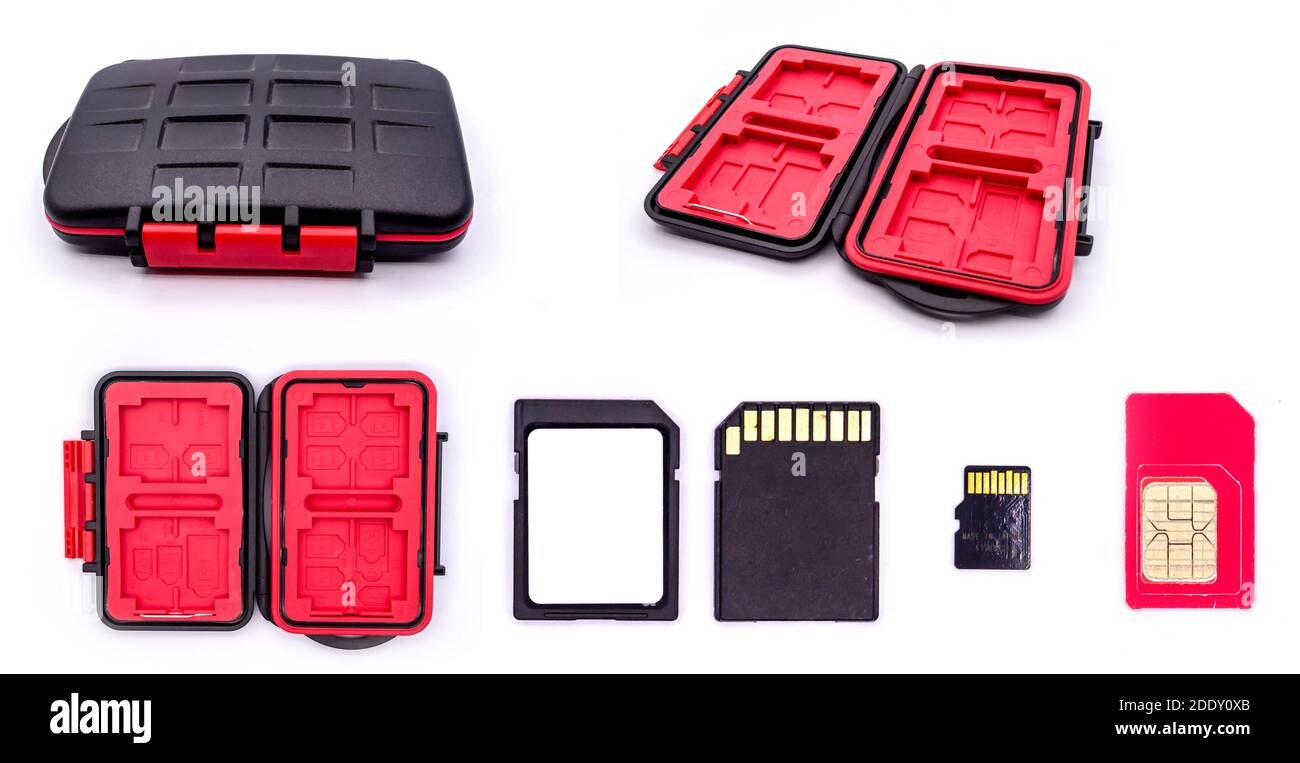 Cartes mémoire et SIM - cartes SD et SIM de tailles diverses avec support de carte isolé sur fond blanc. Cartes SD et micro SD. Micro, mini et nano SIM c Banque D'Images