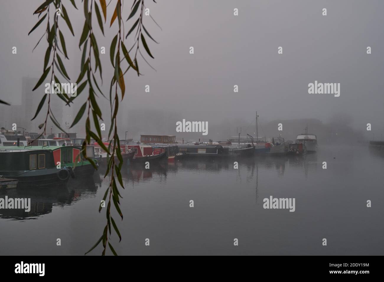 Poleur Dock Marina dans le brouillard du matin, Docklands, est de Londres le 27 novembre 2020 Banque D'Images