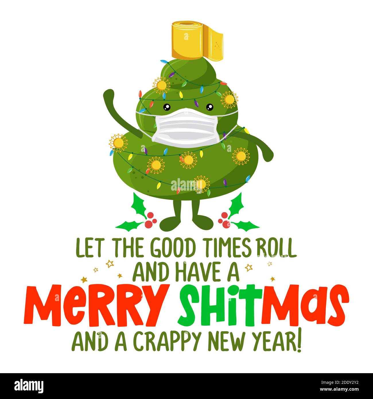 Joyeux ShitMas et nouvel an crappy - joli poop souriant en costume d'arbre Chritsmas avec masque facial. Personnage de dessin animé de style kawaii. Poop de Noël, SH Illustration de Vecteur