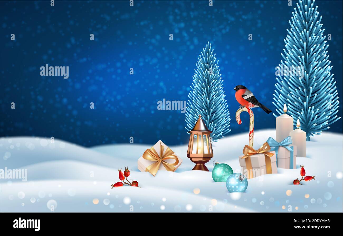 Bannière Joyeux Noël et bonne année. Scène de nuit enneigée avec des cadeaux, un oiseau assis sur une canne à sucre et une vieille lanterne Banque D'Images