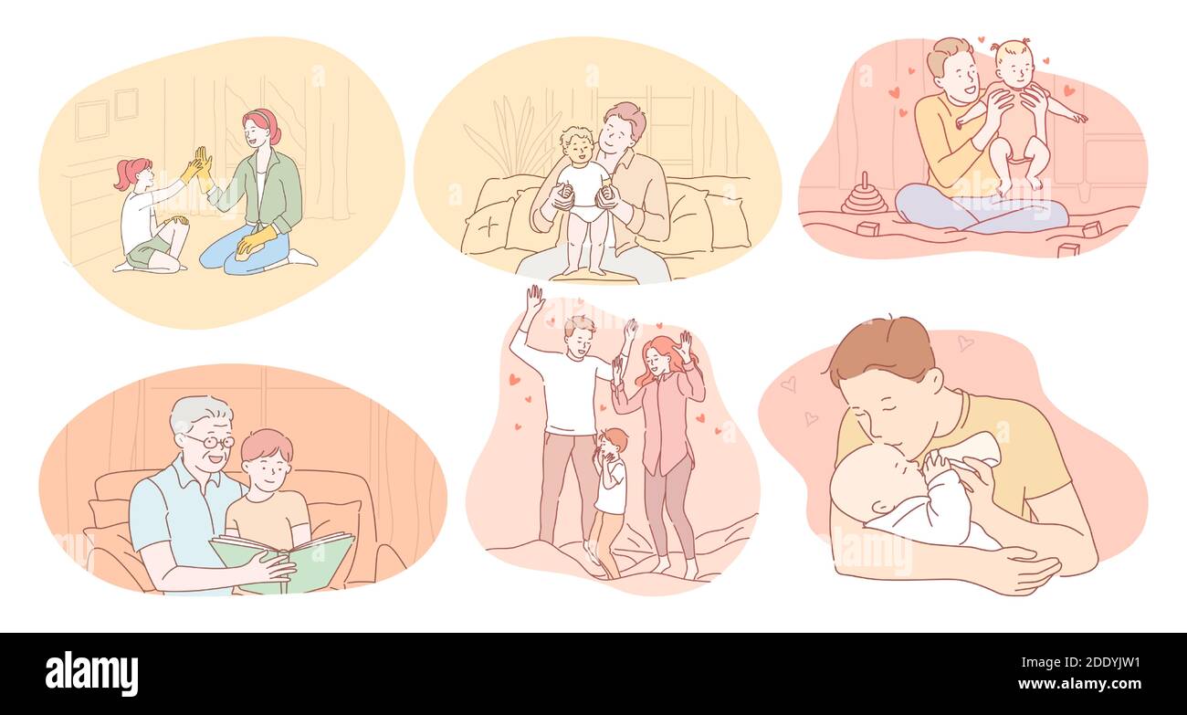 Famille heureuse, parent, enfants concept. Jeunes parents heureux et grands-parents personnages de dessins animés jouant avec des enfants et des petits-enfants et ayant Illustration de Vecteur