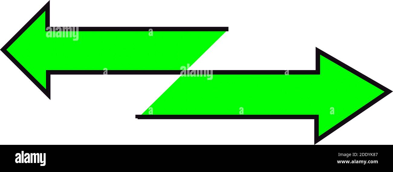 Les flèches vert néon Couble pointent dans les deux directions avec des lignes noires et un arrière-plan blanc. Banque D'Images