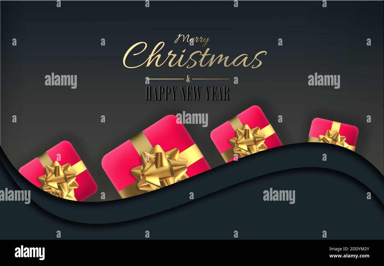 Invitation de fête de Noël en rose rouge avec des boîtes-cadeaux réalistes de Noël avec noeud de golde sur fond noir courbe. Texte Joyeux Noël Bonne Année. 3 Banque D'Images