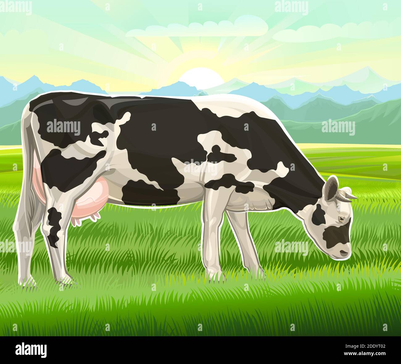 Une vache broutage dans un pâturage. Paysage vectoriel. Race noire et blanche. Herbe de prairie. Vue sur la campagne rustique. Montagnes, ciel et soleil au loin Illustration de Vecteur Une vache broutage dans un pâturage. Paysage vectoriel. Race noire et blanche. Herbe de prairie. Vue sur la campagne rustique. Montagnes, ciel et soleil au loin Illustration de Vecteur