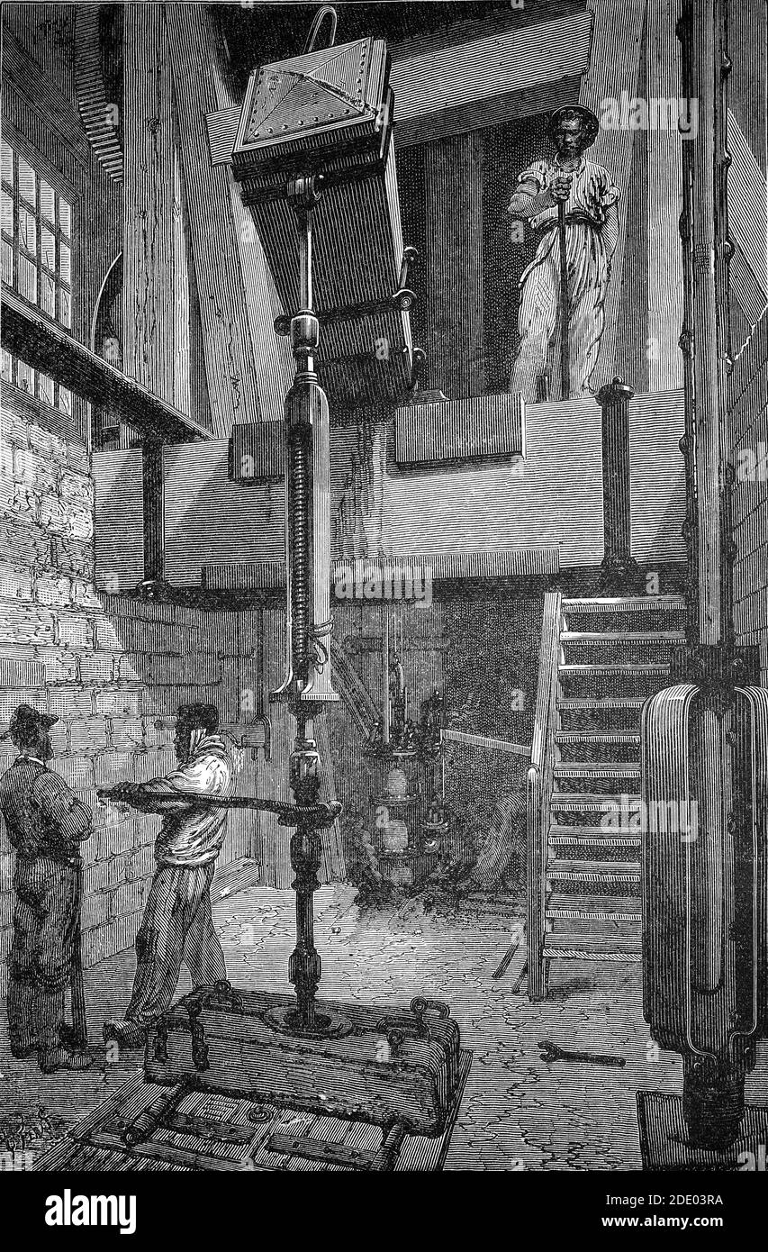 Exploitation minière, au-dessus du sol d'une plate-forme de forage, Mulot et Saint-Inst-Dru system, France, 1868 / Bergbau, Oberirdischer Teil eines Bohrapparat, System Mulot und Saint-Inst-Dru, Frankreich, 1868, Historisch, historique, numérique reproduction améliorée d'un original du XIXe siècle / numérique Reproprovorin olage 19. Jahrhundert, Banque D'Images
