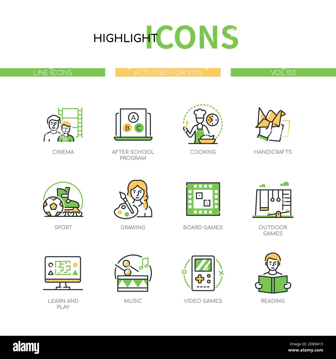 Activités pour enfants - ensemble d'icônes style design de ligne. Les parents passent du temps avec les enfants idée. Cinéma, cuisine, artisanat, sport, dessin, planche, vidéo Illustration de Vecteur