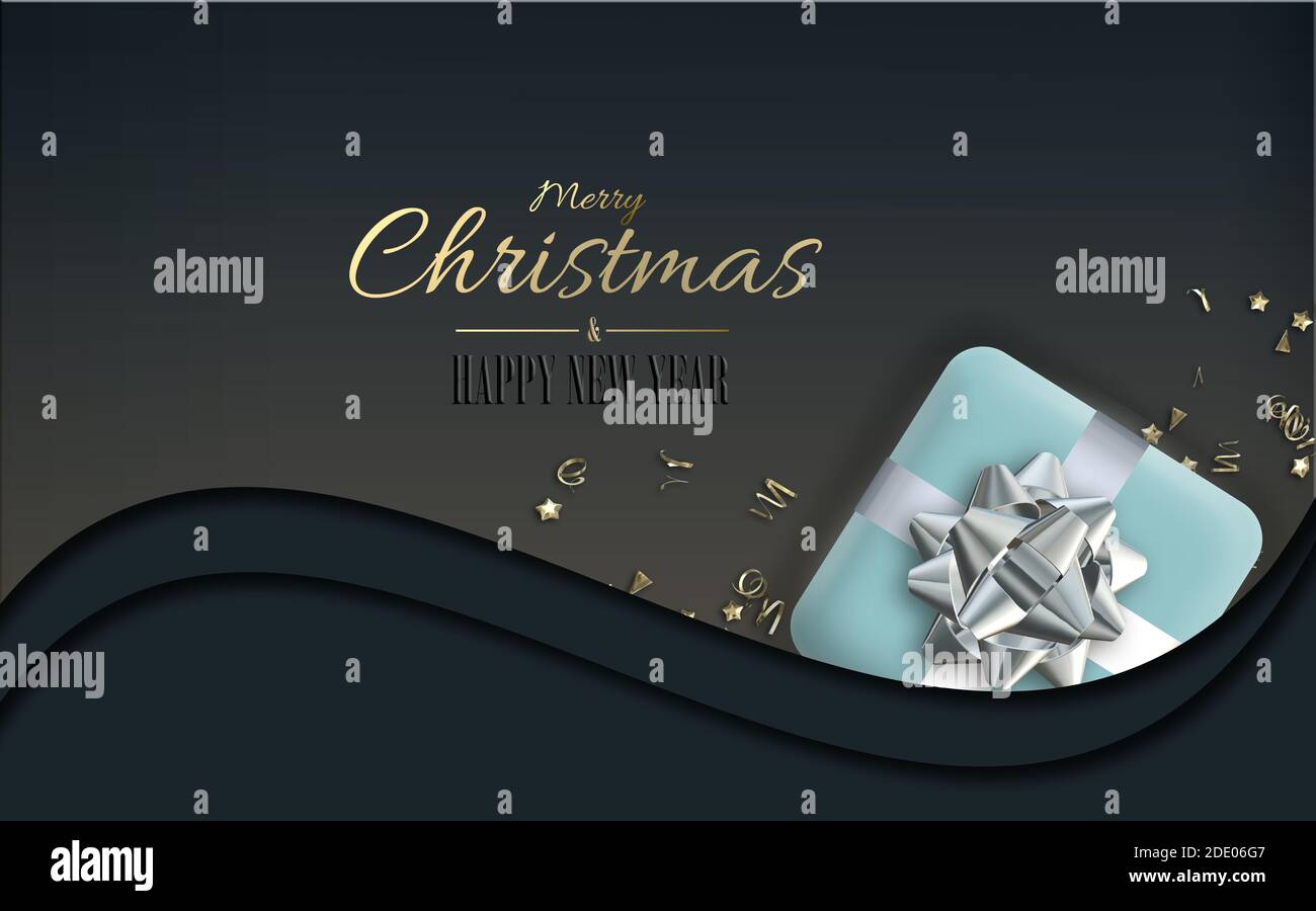 Invitation à la fête de Noël dans des couleurs bleu noir avec boîte cadeau de Noël bleu réaliste avec noeud argenté sur le noir courbe. Texte Joyeux Noël Joyeux Ye Banque D'Images