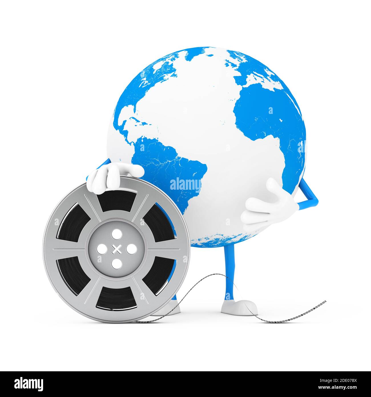 Earth Globe Character Mascot avec film Reel Cinema Tape sur fond blanc. Rendu 3d Banque D'Images