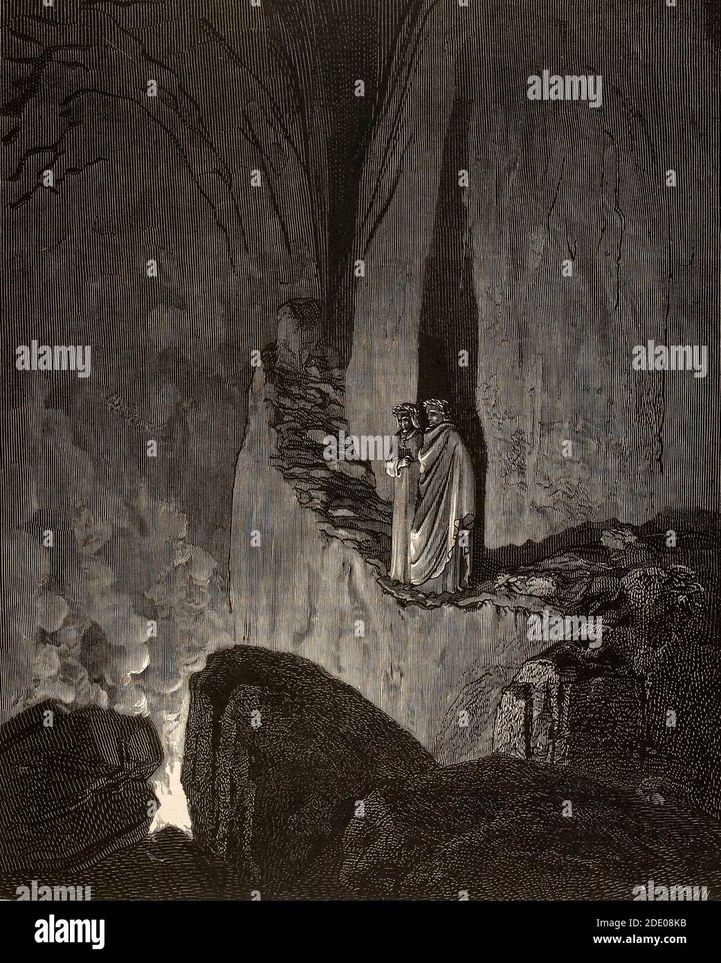 Dante Divina Commedia - Enfer - XXVI Canto - Virgile Montre Dante les flammes des conseillers frauduleux- illustration par Gustave Dorè Banque D'Images