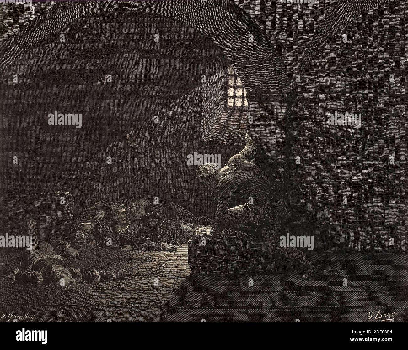Dante Divina Commedia - Enfer - XXXIII Canto - Dante et Virgile dans la glace de Cocito, où les traîtres des parents (Caina) et ceux de la patrie et du parti (Antenora) sont punis respectivement - Ugolino mort des fils - IX cercle - illustration par Gustave Dorè Banque D'Images