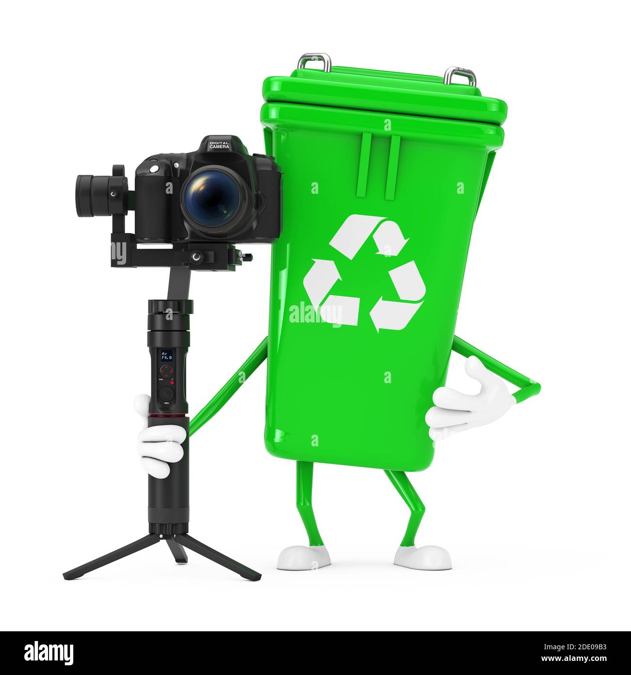 Panneau de recyclage Vert poubelle personnage Mascot avec DSLR ou caméra  vidéo système de stabilisation de nacelle sur un arrière-plan isolé. Rendu  3d Photo Stock - Alamy