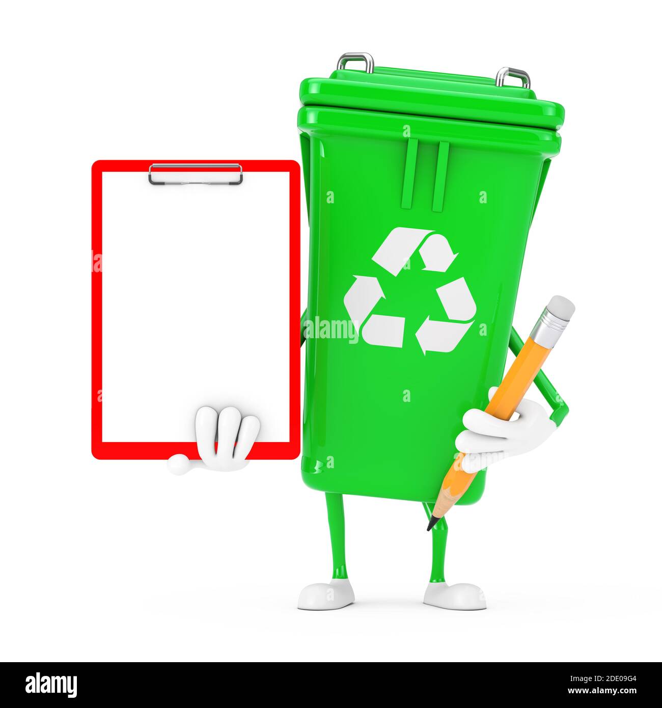 Affiche de recyclage poubelle verte Mascotte de personnages avec  presse-papiers en plastique rouge, papier et crayon sur fond blanc. Rendu  3d Photo Stock - Alamy