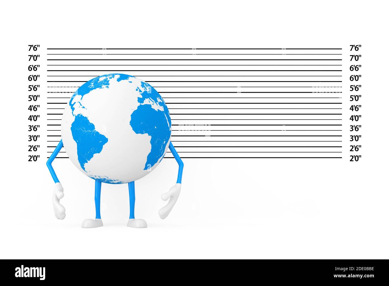 La mascotte du personnage du Globe de la Terre devant la police de ligne ou de Mugshot arrière-plan de gros plan extrême. Rendu 3d Banque D'Images