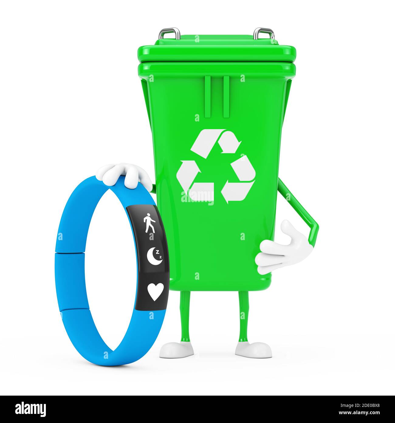 Panneau de recyclage poubelle verte Mascotte de personnage avec Blue  Fitness Tracker sur fond blanc. Rendu 3d Photo Stock - Alamy