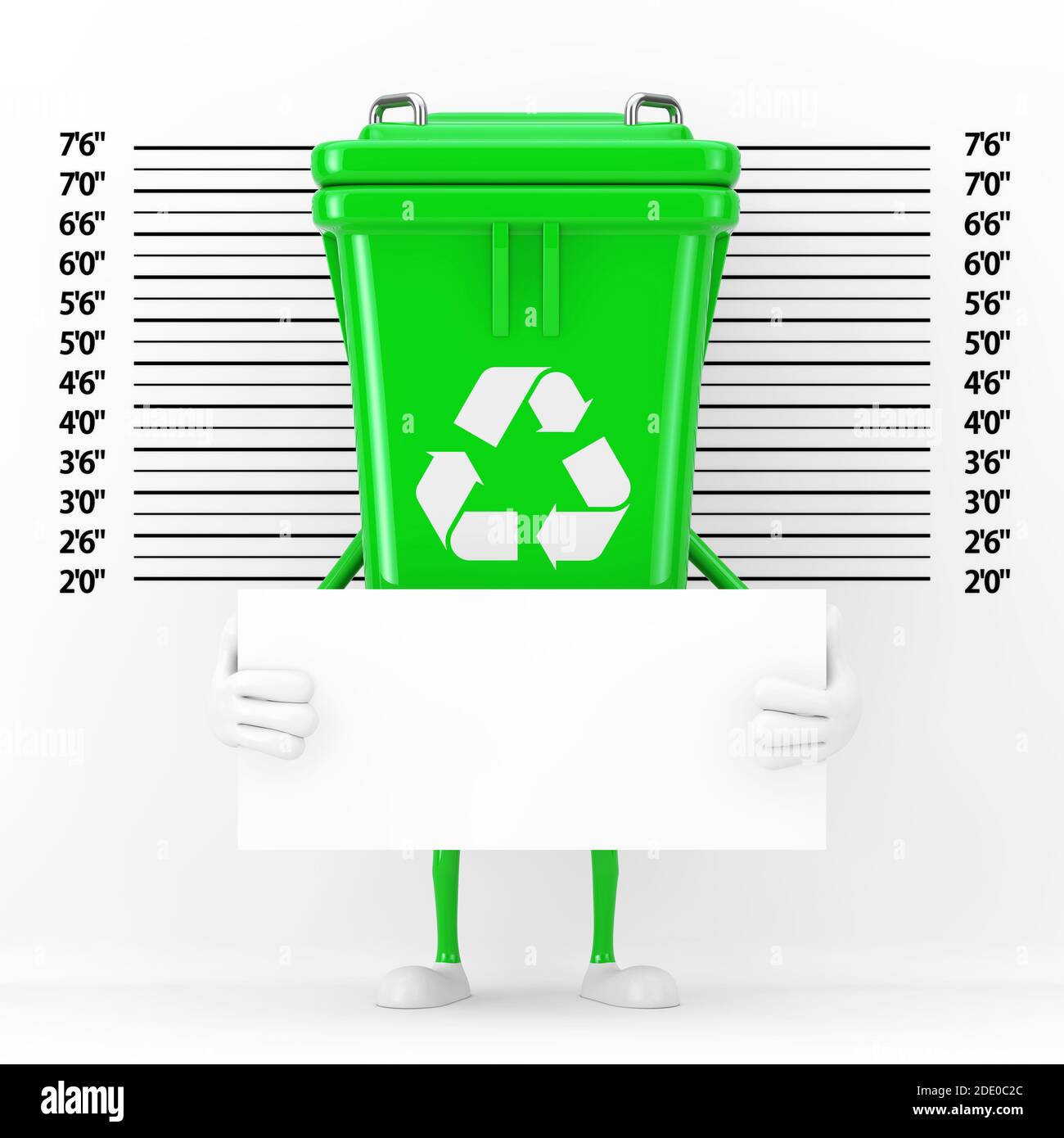 Panneau de recyclage Vert poubelle personnage Mascot avec plaque d'identification devant la police ou le fond Mugshot gros plan extrême. 3d Re Banque D'Images