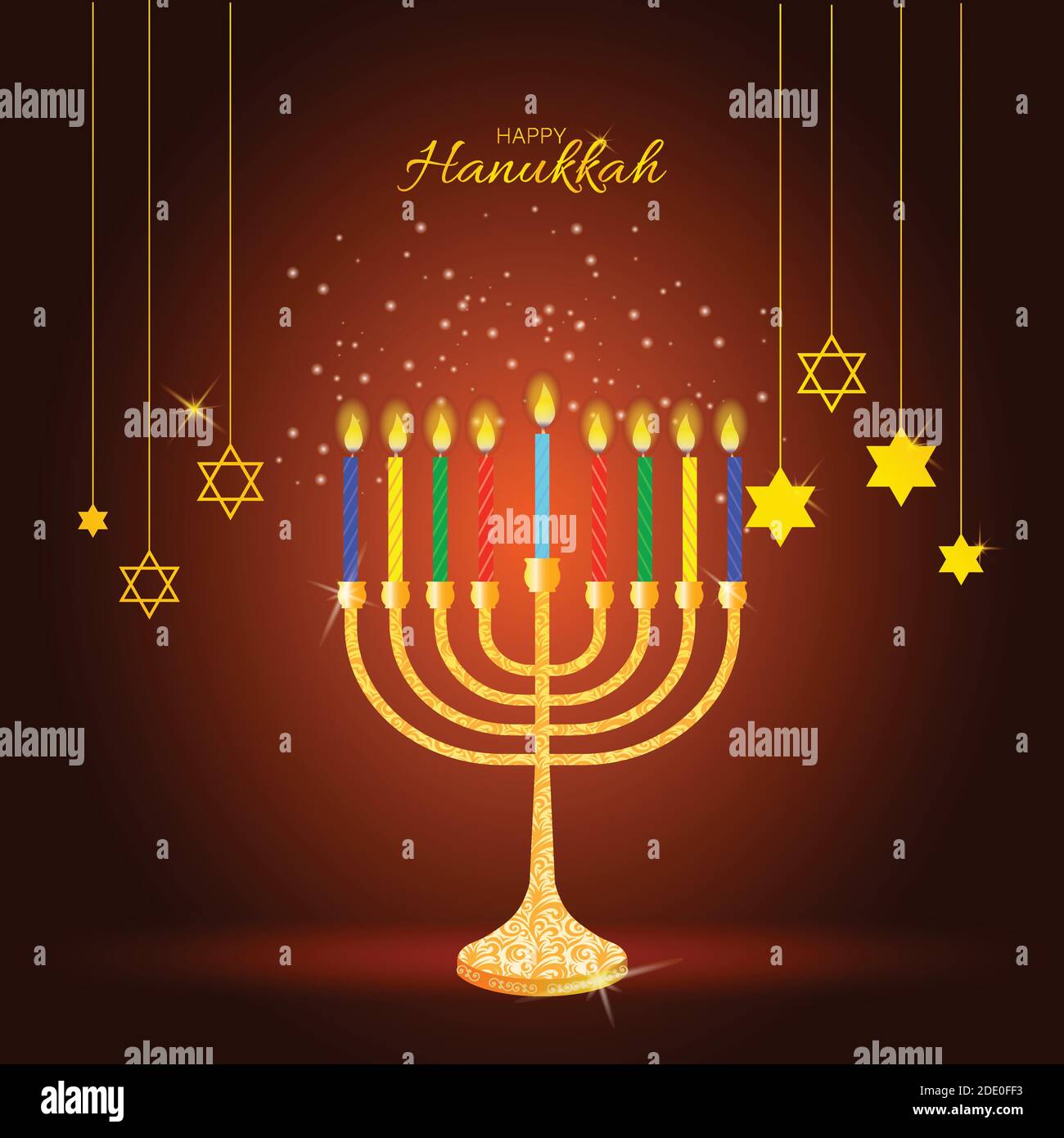 Hanukkah heureux, festival juif des lumières scène avec des gens, familles heureux avec des enfants. Arrière-plan avec menorah (candélabre traditionnel) et bougie Illustration de Vecteur