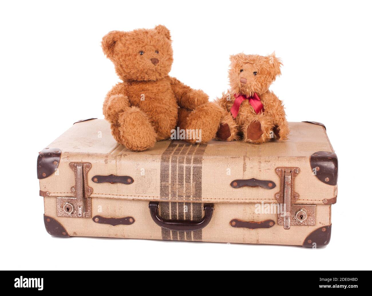 Ours en peluche avec valise isolée sur blanc Banque D'Images