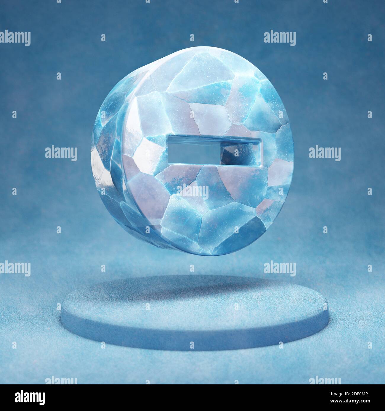 Icône cercle moins. Symbole cercle vert glace bleu craquelé sur le podium de neige bleu. Icône de médias sociaux pour le site Web, la présentation, l'élément de modèle de conception. 3D Banque D'Images