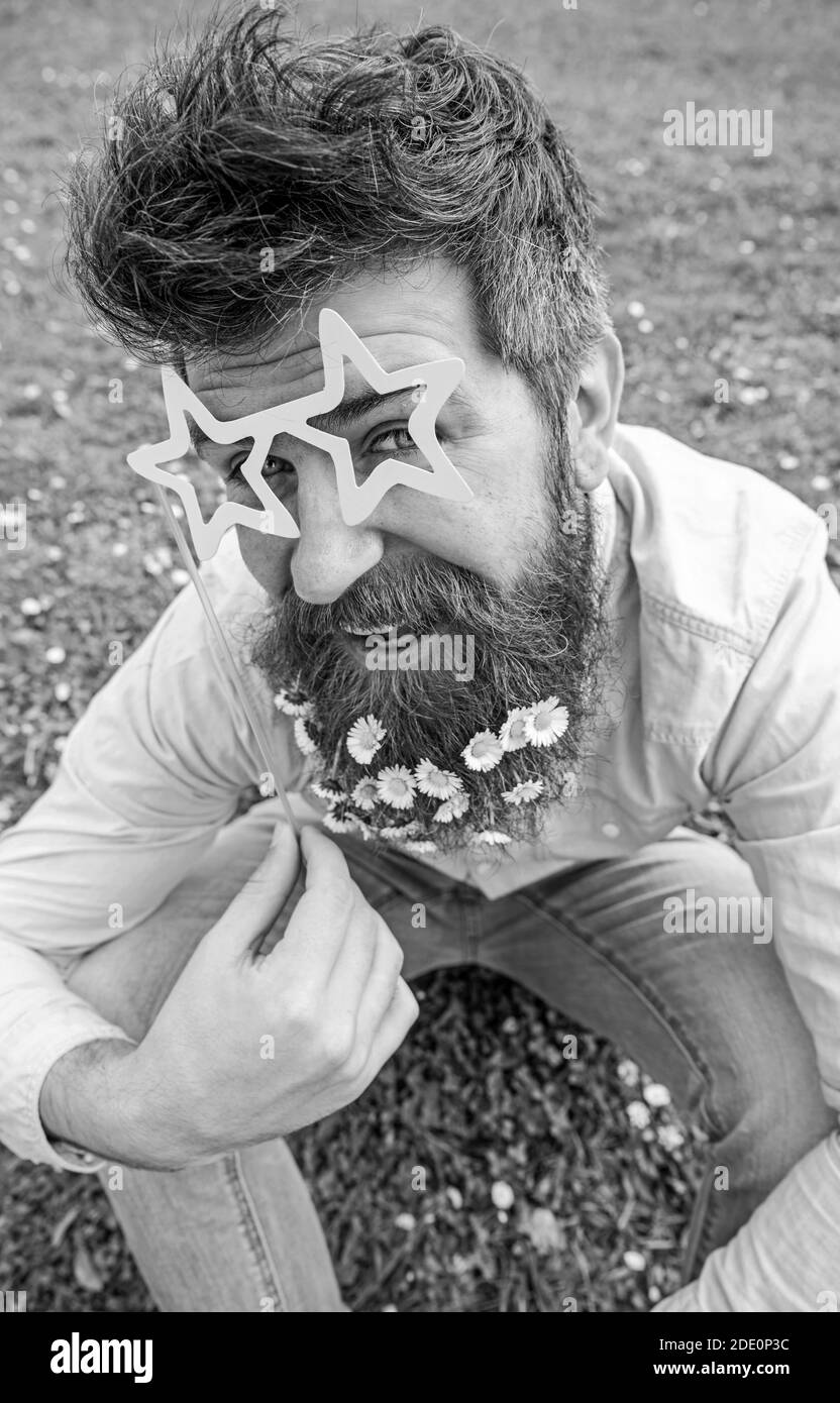 Guy est joliment décoré de fleurs de pâquerette. Concept de photosession. Homme à la barbe et à la moustache, sur fond vert défoqué. Taille basse avec barbe sur le visage gai, posant avec des lunettes en forme d'étoile. Banque D'Images
