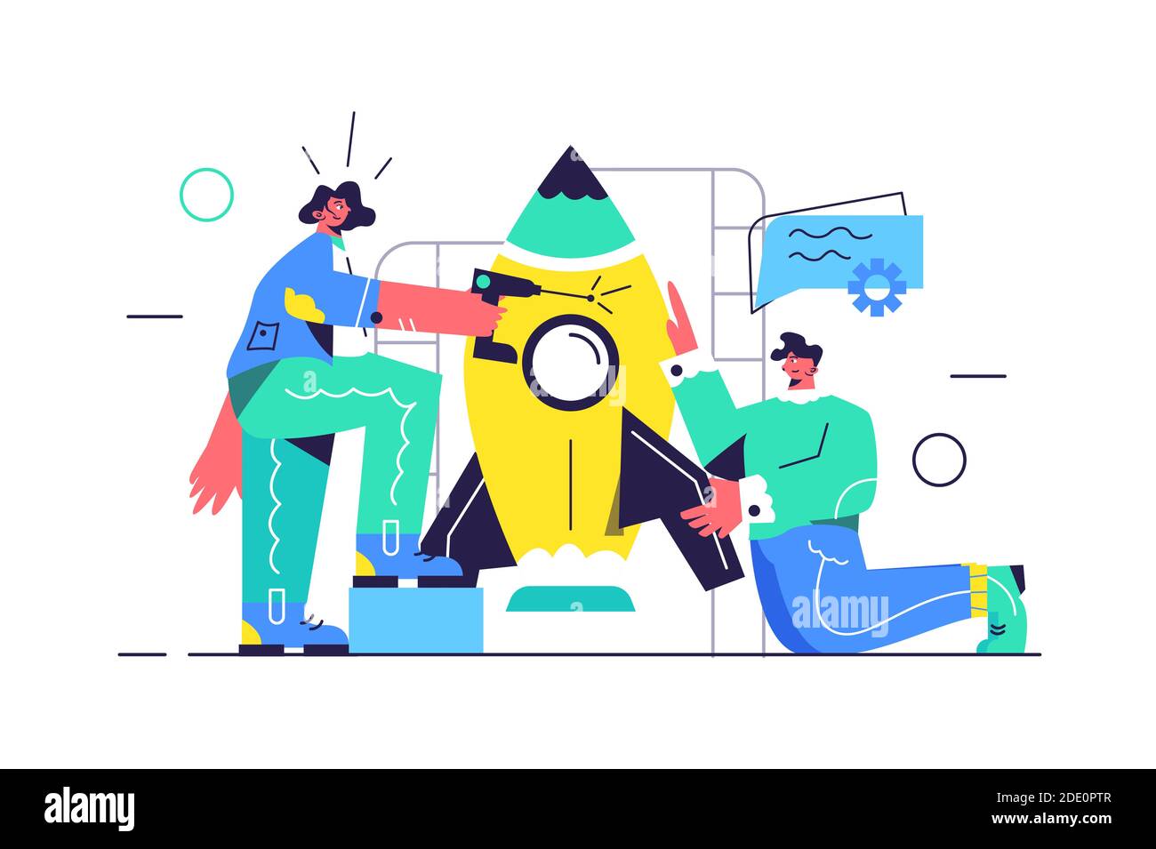 Un gars et une fille préparent une fusée pour lancer Illustration de Vecteur