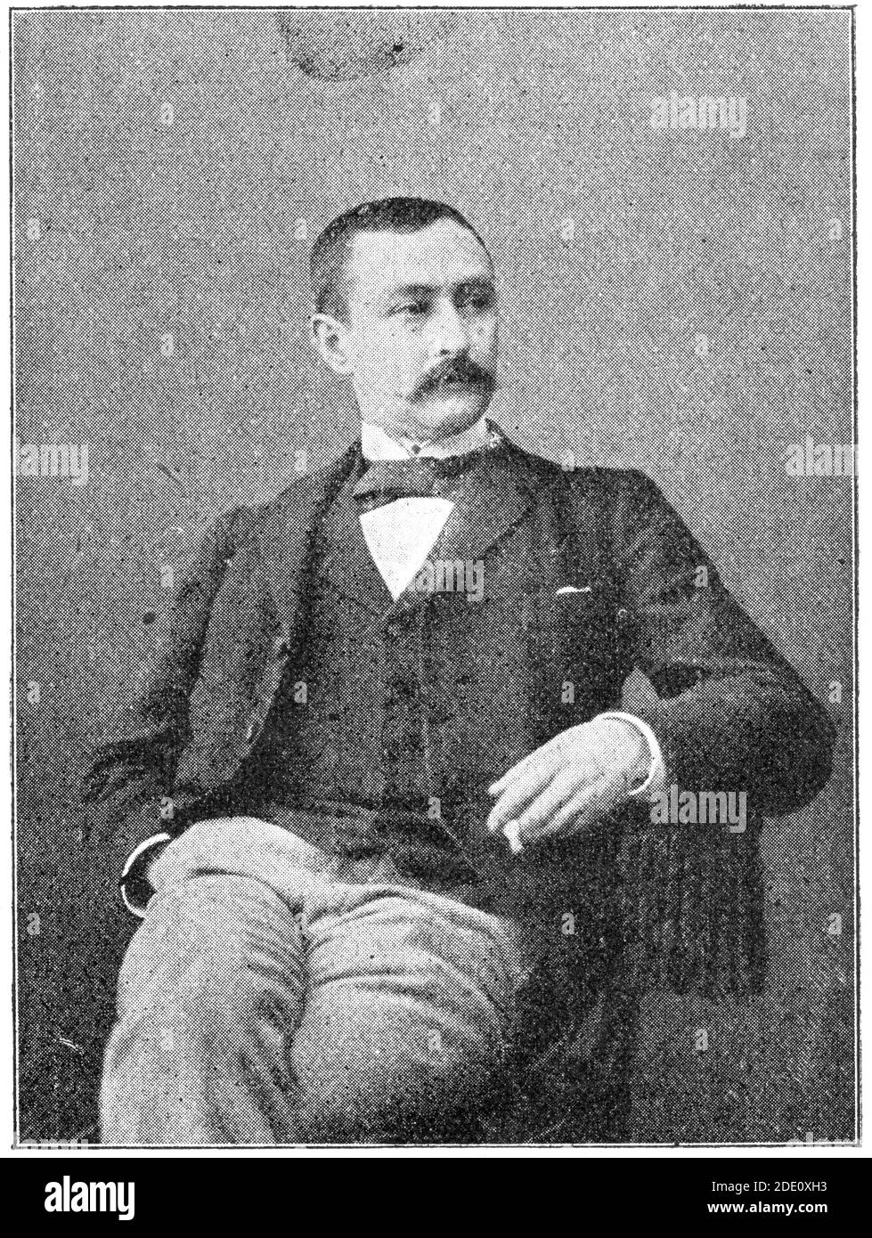Portrait de Peter Nansen - romancier, journaliste et éditeur danois. Illustration du 19e siècle. Arrière-plan blanc. Banque D'Images