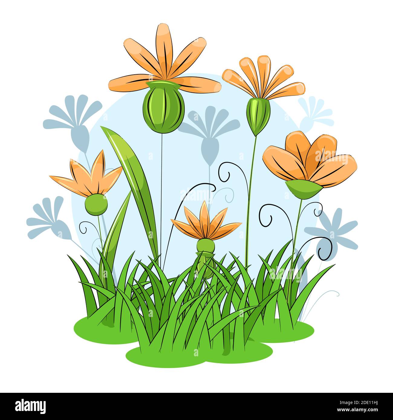 Prairie en fleurs avec herbe et fleurs. Ciel. Style de dessin animé. Isolé sur fond blanc. Une superbe illustration romantique. Vecteur Illustration de Vecteur