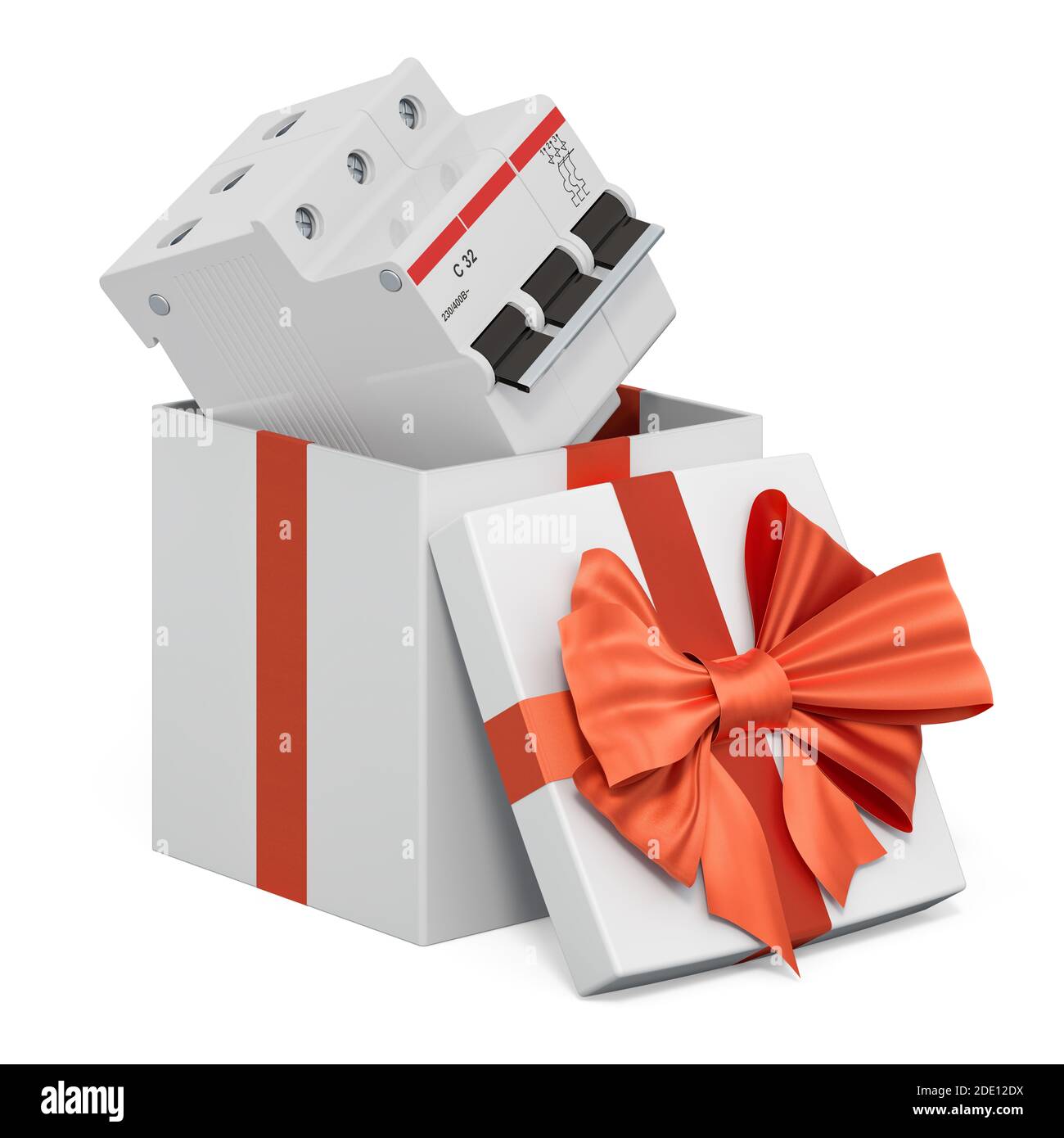 Disjoncteur miniature à trois pôles à l'intérieur de la boîte cadeau, présenter le concept. Rendu 3D isolé sur fond blanc Banque D'Images