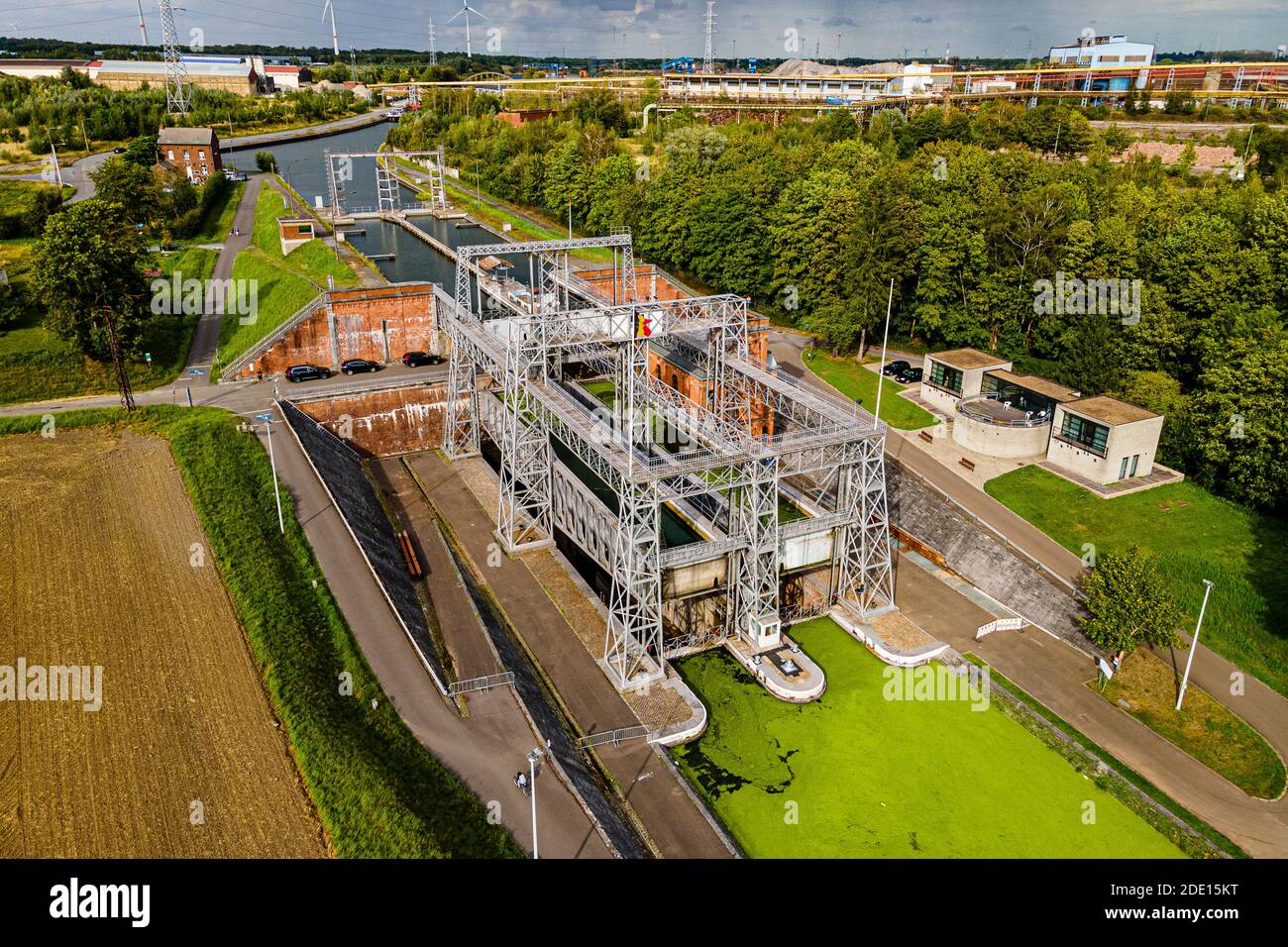 Antenne de l'ascenseur Houdeng-Goegnies n° 1, site classé au patrimoine mondial de l'UNESCO, remontées mécaniques sur le canal du Centre, la Louviere, Belgique, Europe Banque D'Images