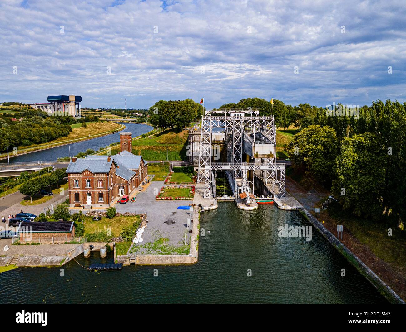 Antenne de l'ascenseur Houdeng-Goegnies n° 1, site classé au patrimoine mondial de l'UNESCO, remontées mécaniques sur le canal du Centre, la Louviere, Belgique, Europe Banque D'Images