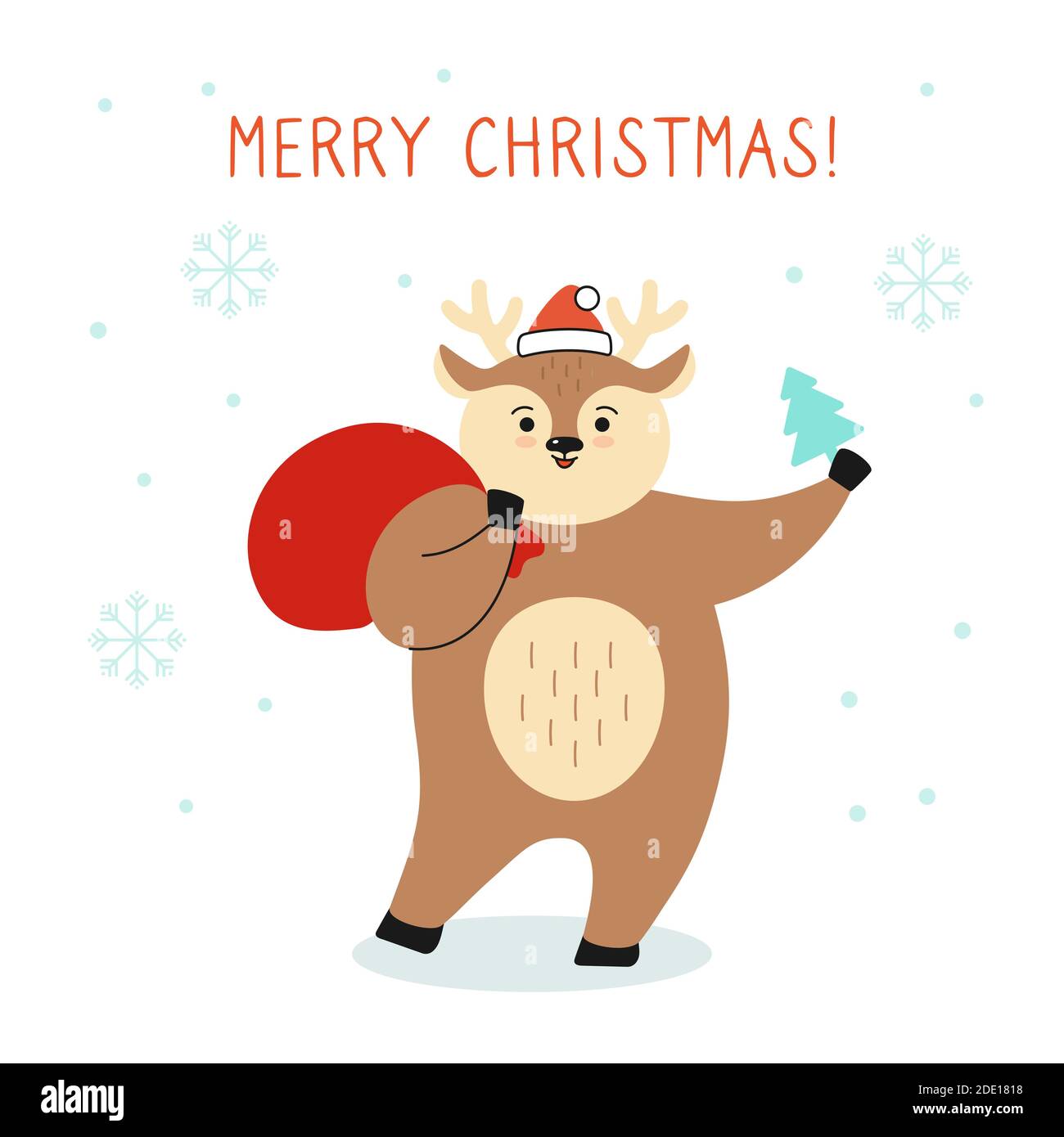 Carte de vœux de Noël, cerf avec sac de père noël et arbre. Renne dessiné à  la main drôle personnage de dessin animé de noël en chapeau de Père Noël.  Bonne année,