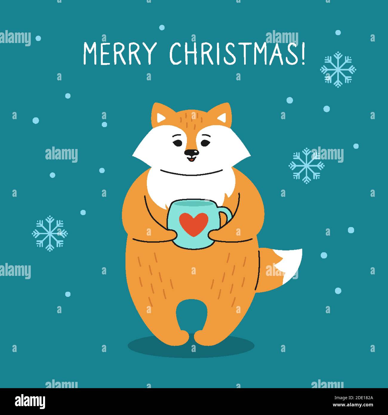 Carte de vœux de Noël, renard avec une tasse de thé. Renard rouge dessiné à la main drôle personnage de Noël de dessin animé. Bonne année, Joyeux Noël. Vecteur animal Illustration de Vecteur
