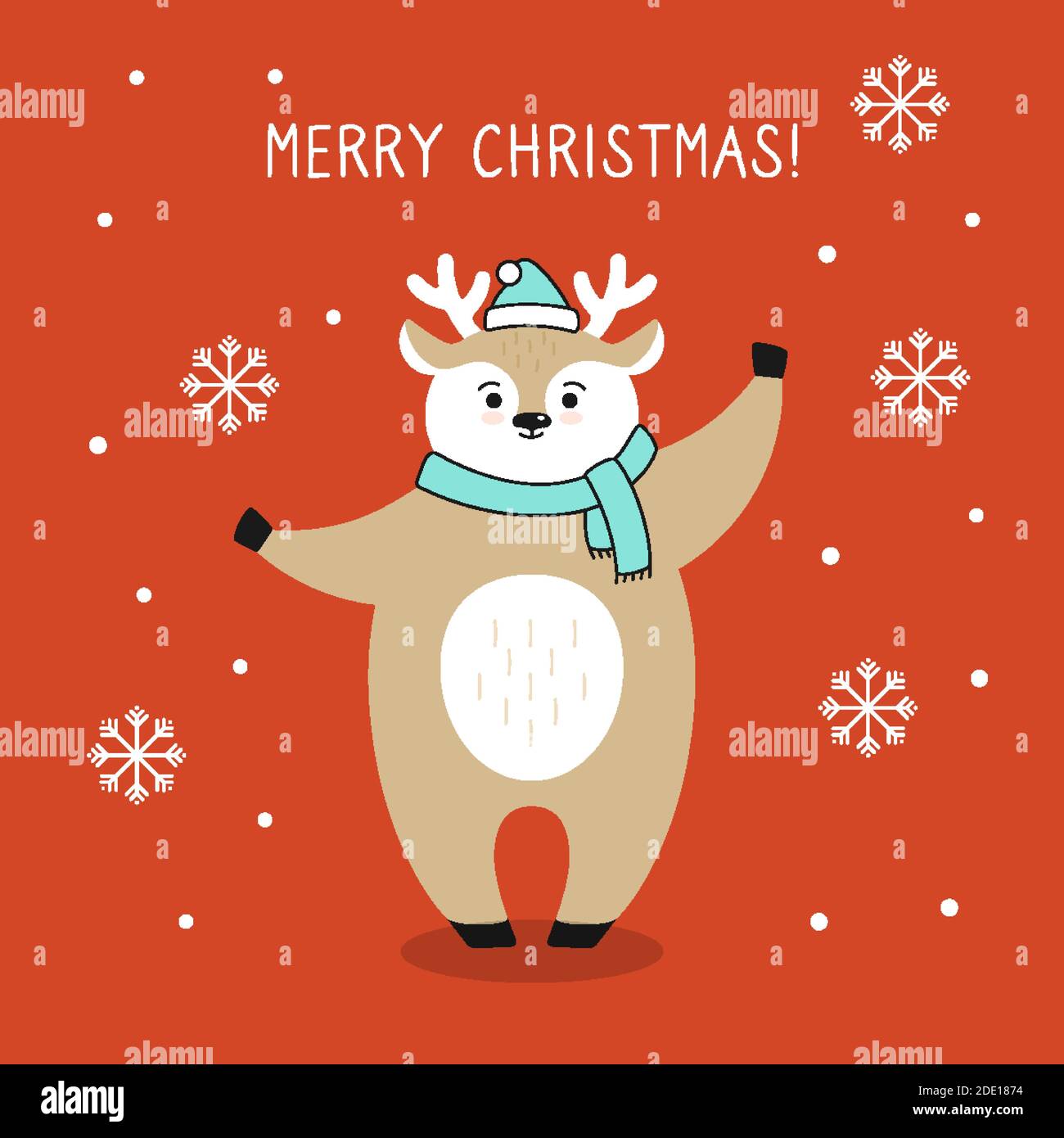 Carte De Vœux De Noel Cerf Avec Neige Du Nouvel An Flocon De Neige Renne En Chapeau De Pere Noel Personnage De Noel Humoristique Dessine A La Main Bonne Annee Joyeux Noel