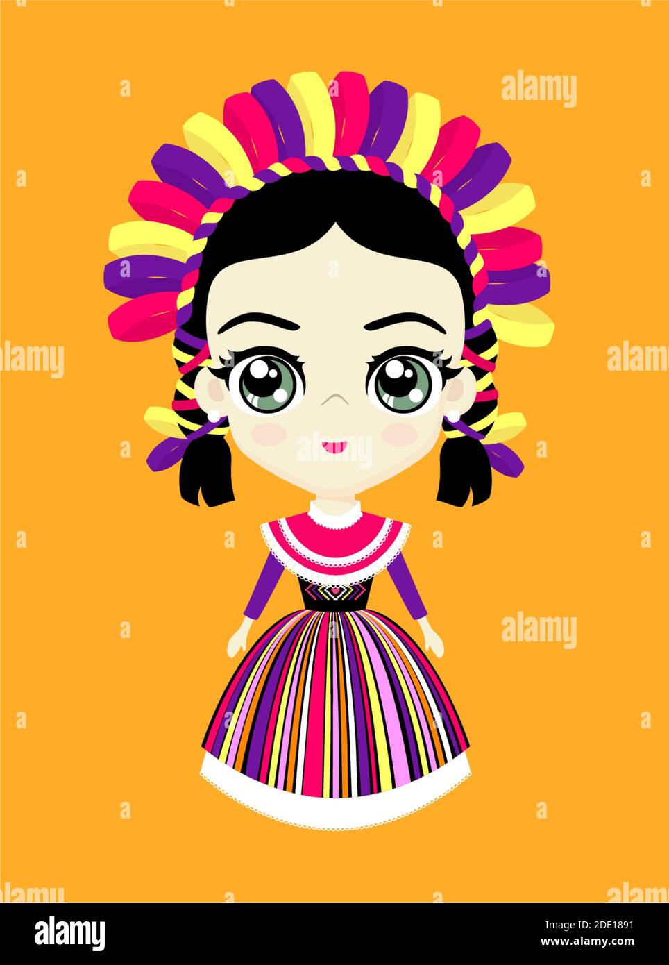 Illustration de la jolie poupée mexicaine en robe traditionnelle otomi de Queretaro, Mexique. Isolé sur fond orange Illustration de Vecteur