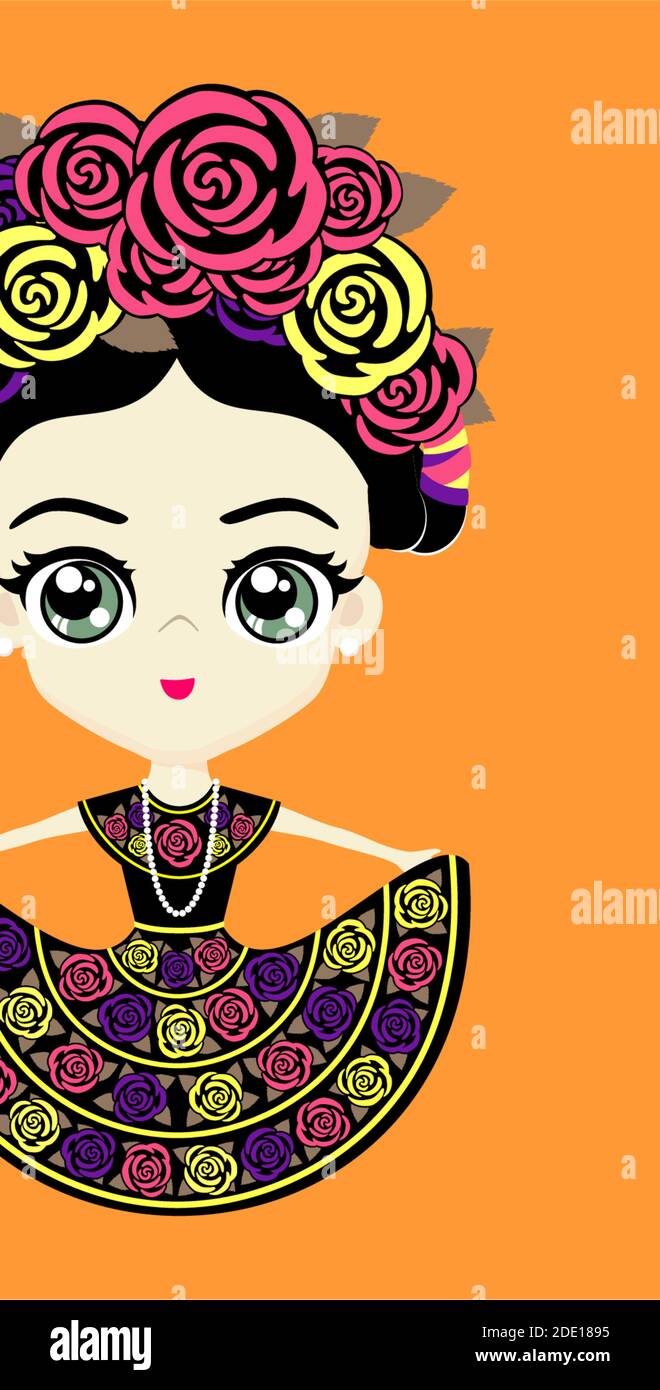 Illustration de la jolie poupée mexicaine en robe nationale traditionnelle de Chiapas, Mexique. Isolé sur fond orange Illustration de Vecteur