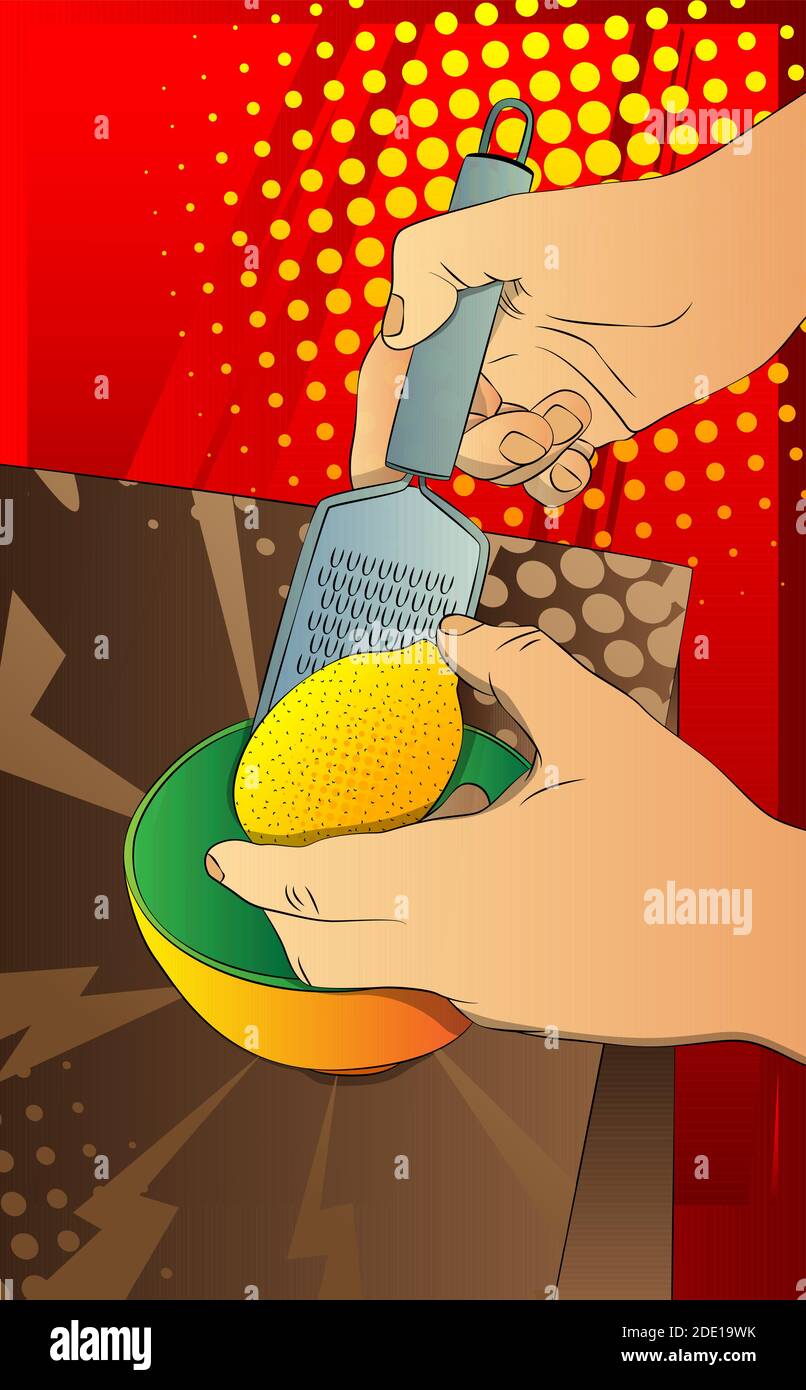 Illustration d'un livre de bande dessinée rétro cuisinier mains râper zeste de citron sur la table de cuisine. Illustration de Vecteur
