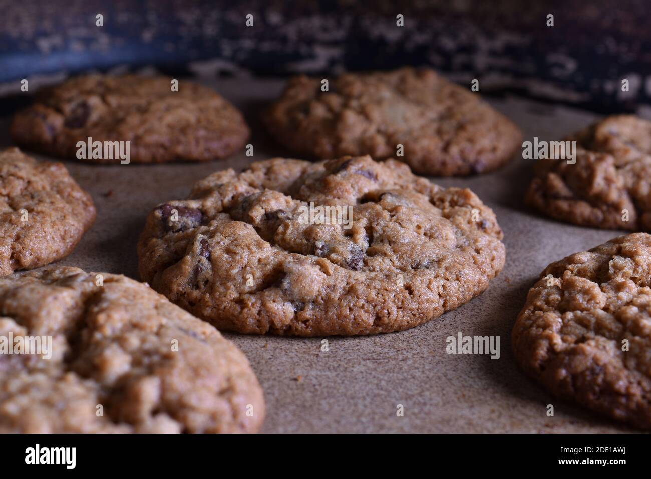 biscuits aux pépites de chocolat frais dans un plat de cuisson Banque D'Images