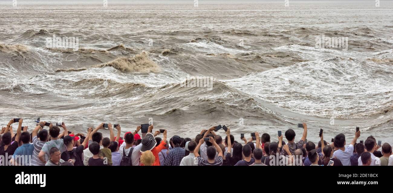 Foule observant le passage de marée de la rivière Qiantang, Haining, province de Zhejiang, Chine Banque D'Images