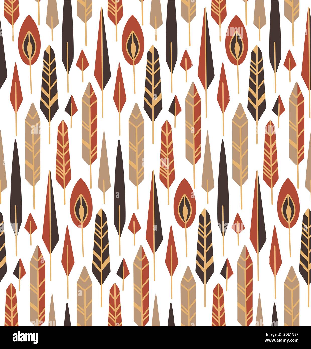 Texture tribale sans couture avec plumes de boho verticales et décorations indigènes en rangée sur fond blanc. Texture plate vectorielle pour les papiers peints et les tissus Illustration de Vecteur