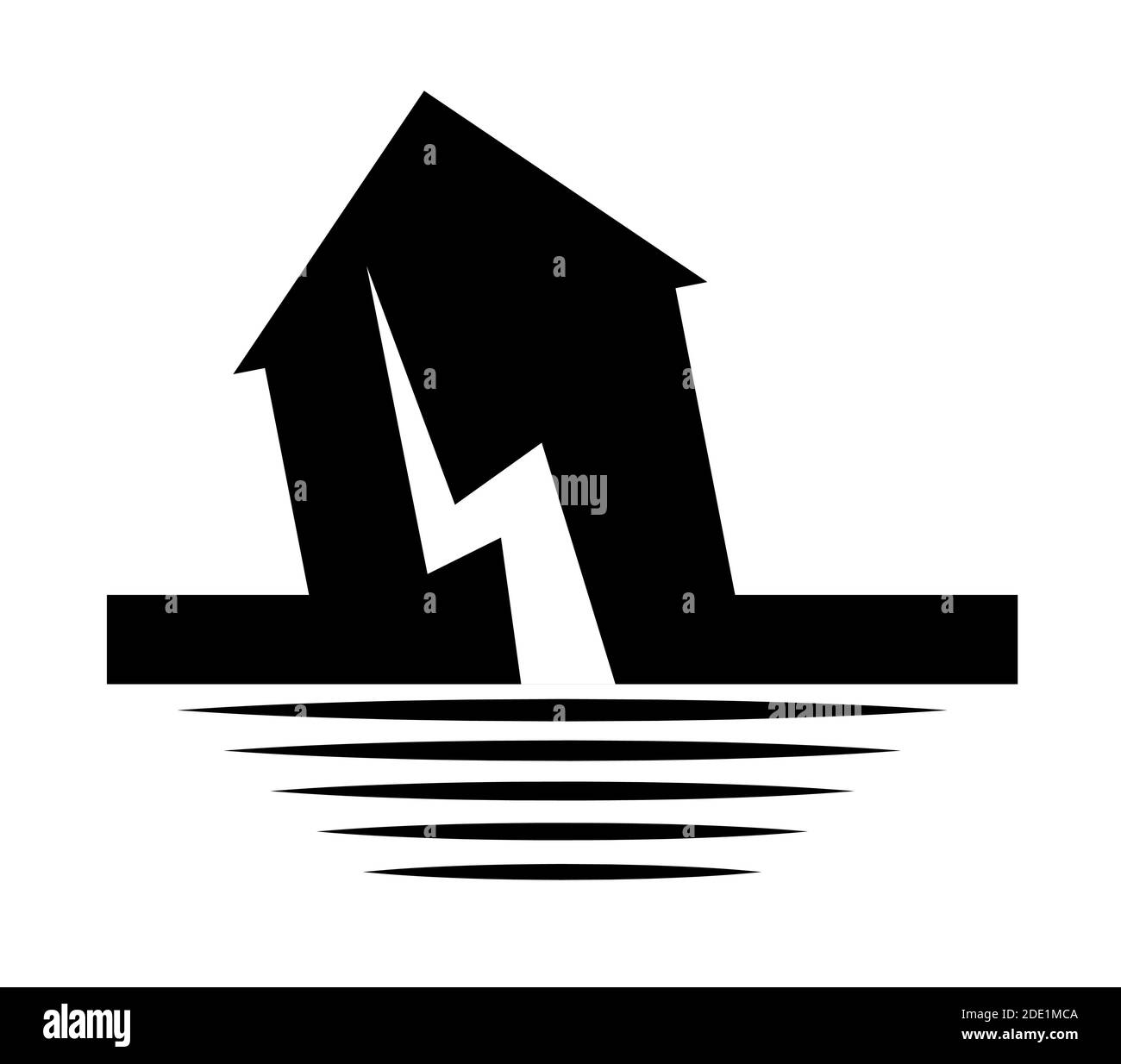 Chocs sismiques. Panneau noir blanc d'un bâtiment en chute. Augmentation de l'activité sismique. Vecteur isolé sur fond blanc Illustration de Vecteur