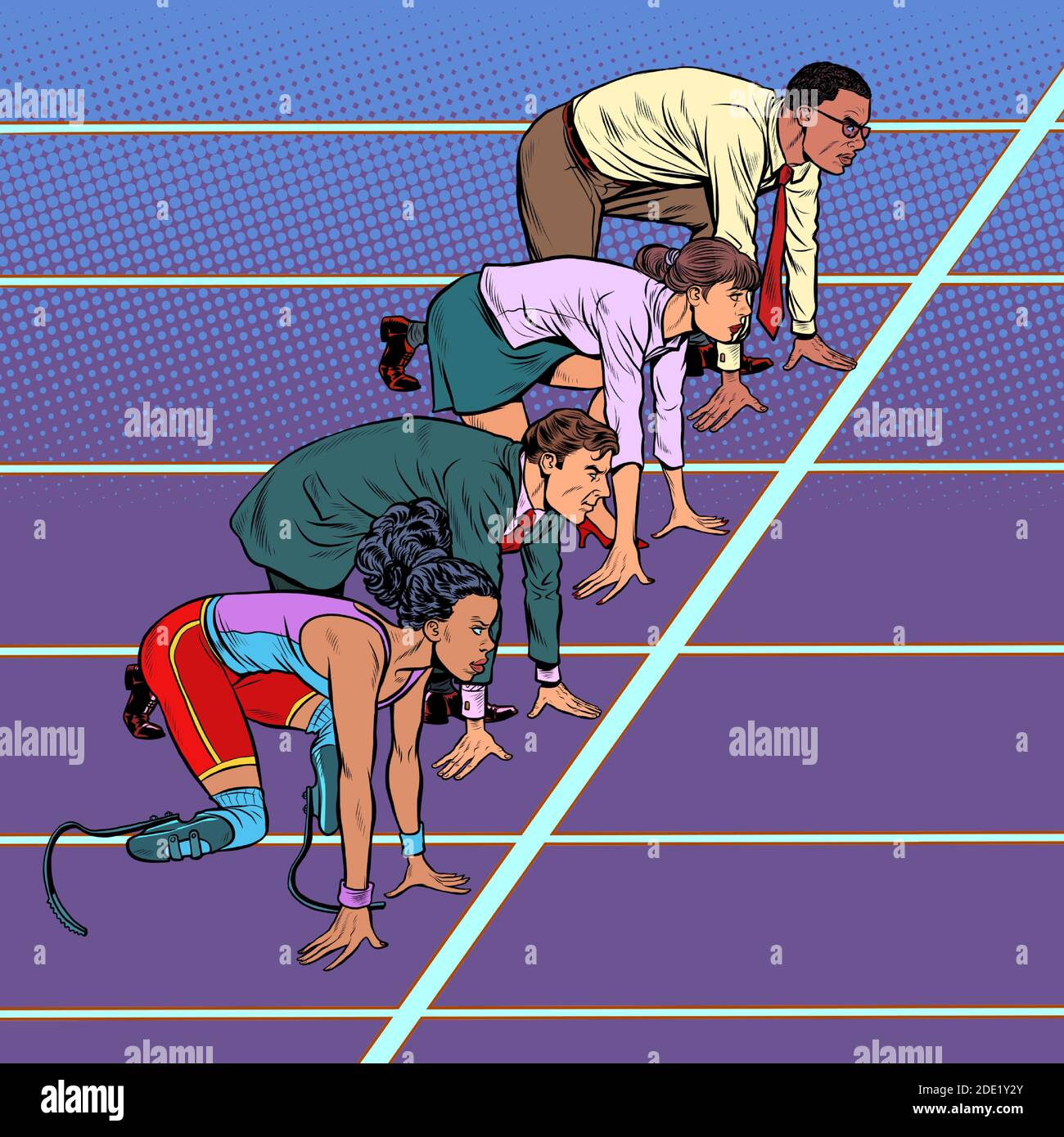Hommes et femmes de différentes couleurs de peau, en bonne santé et handicapés concurrence dans les affaires Illustration de Vecteur