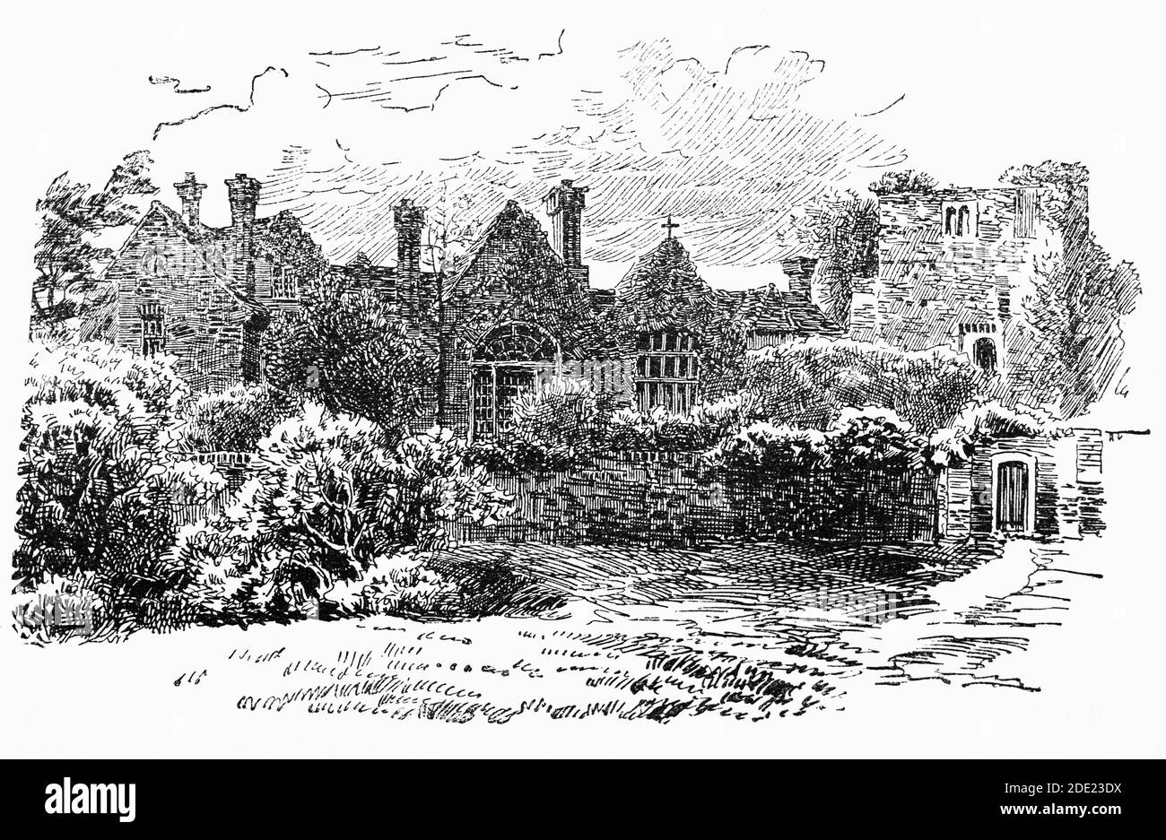 Vue du XIXe siècle sur la chapelle du XIIe siècle du château de Farnham, à Farnham, Surrey, Angleterre, qui abritait le palais épiscopal de l'évêque de Winchester dans les précinces de la forteresse. Construit en 1138 par Henri de Blois, évêque de Winchester, petit-fils de Guillaume le Conquérant, le château de Farnham devint la demeure des évêques de Winchester depuis plus de 800 ans. Au début du XVe siècle, c'était la résidence du cardinal Henry Beaufort qui présidait le procès de Jeanne d'Arc en 1431. Banque D'Images