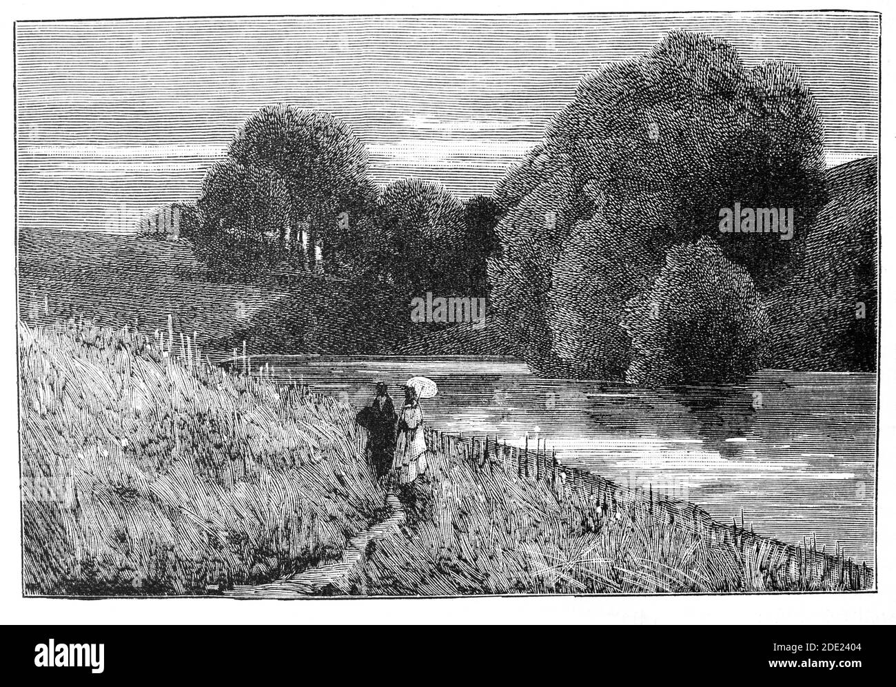 Une vue du XIXe siècle d'un couple marchant au bord du lac au Blenheim Palace à Woodstock, Oxfordshire, Angleterre. Construit entre 1705 et 1722, c'est la résidence principale des Ducs de Marlborough, et la seule maison de campagne non royale et non épiscopale en Angleterre à détenir le titre de palais et porte le nom de la bataille de Blenheim en 1704. Banque D'Images