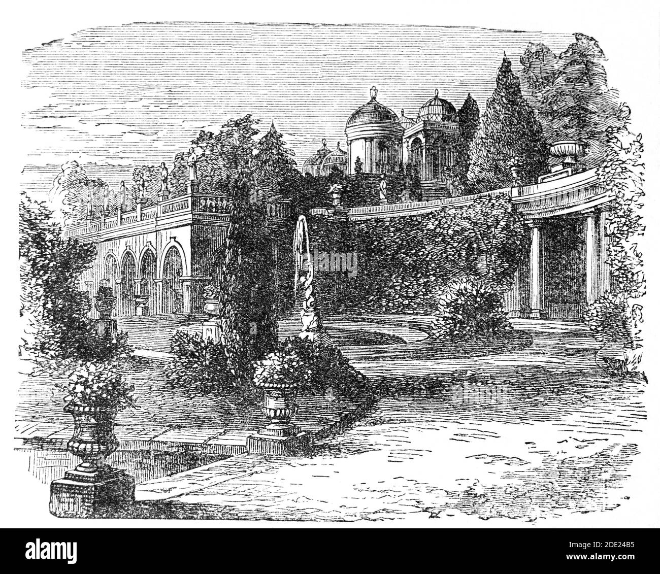 Vue du XIXe siècle sur les tours Alton près du village d'Alton, dans le Staffordshire, en Angleterre. Au XIe siècle, le château d'Alton fut construit peu après la conquête normande, à environ 1 mile des tours actuelles. Il passa par les propriétaires aristocratiques de varios jusqu'à ce qu'il soit détruit pendant la guerre civile anglaise. Au XVIIe siècle, l'ancien château a été réaménagé en pavillon de chasse, réutilisant l'une des anciennes tours du château, qui reste une partie du bâtiment actuel. Banque D'Images