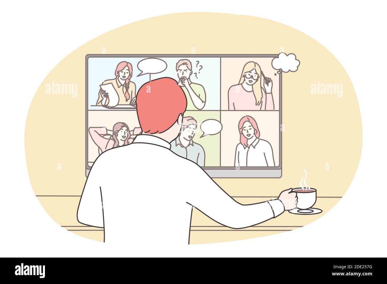 Affaires, en ligne, seo, conférence, réunion, concept de communication. Un employé du gestionnaire d'affaires communique en ligne avec ses employés. Commande à distance Illustration de Vecteur