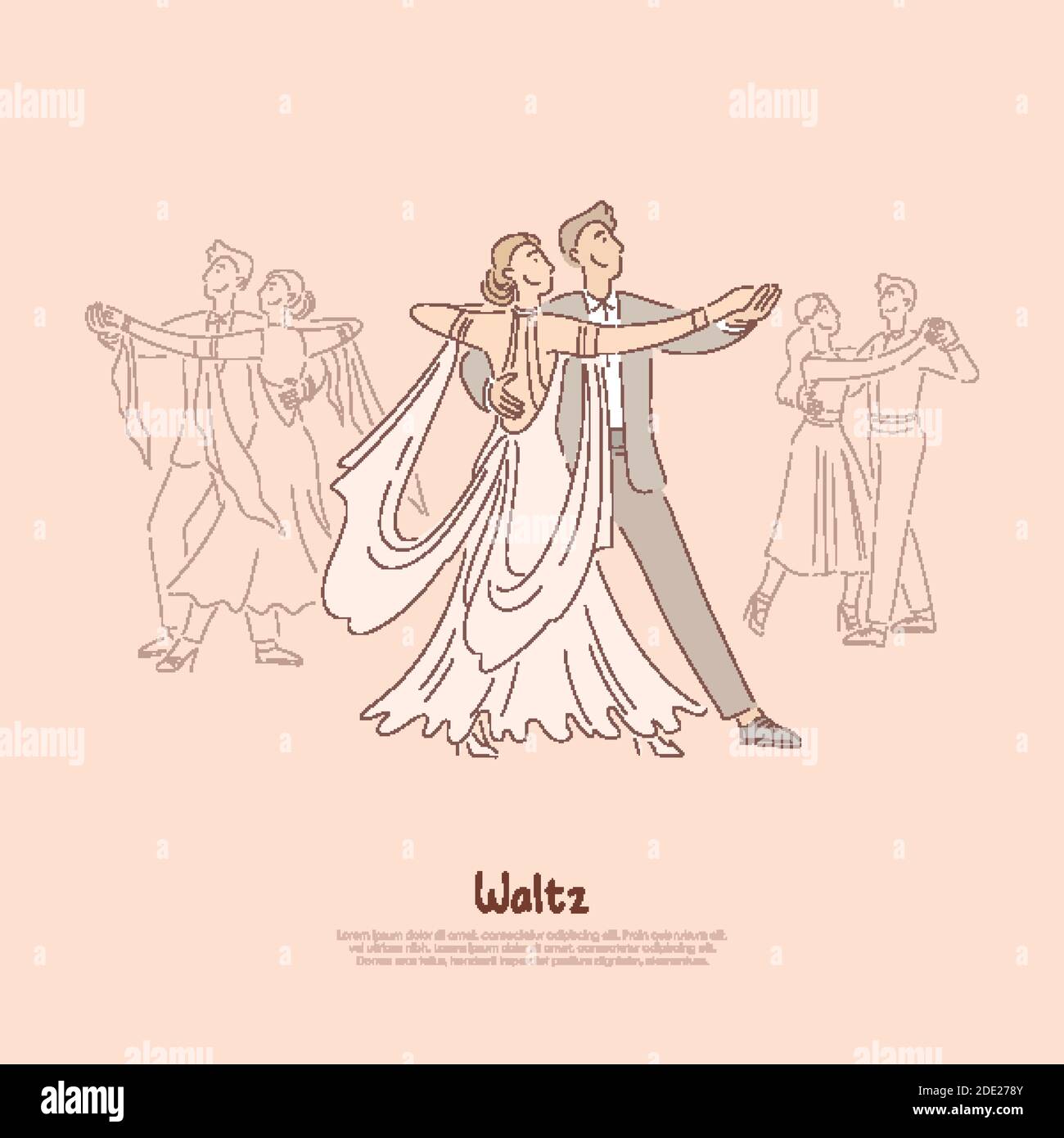 Couple heureux dans la salle de bal, jeune homme en costume et femme dans la belle robe dansant valse, bannière école de ballet. Classic élégant concept Cart performance Illustration de Vecteur